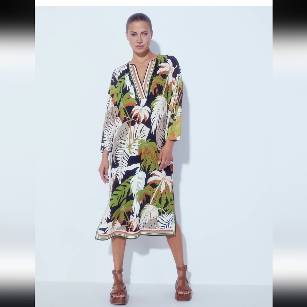 Marc Cain Deep Olive Tropical Print Loose Fit Midi Dress EUC Size N3 / 8